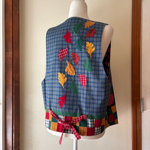 VTG 90s Handmade Reversible Teacher's Vest Fall Leaves Apples Cotton Size L - Picture 5 of 12